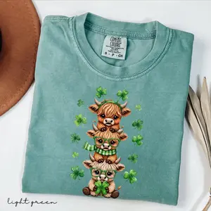 Comfort Colors St. Patrick’s Day Highland Cow Shirt, Faux Yarn Crochet Lucky Shamrock Tee, Cute Irish Farm Graphic T-Shirt, Festive Gift