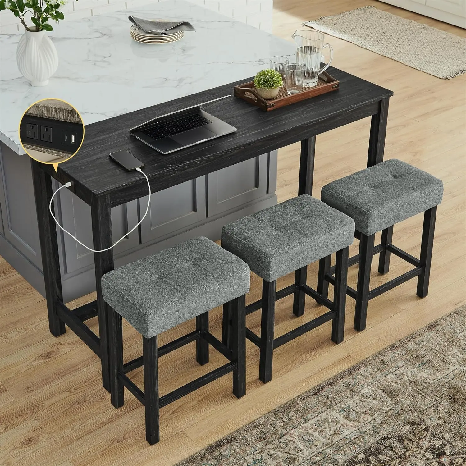 59" Industrial Counter Height Bar Table Set with Power Outlet, 4-Piece Set Including 3 Upholstered Stools with Footrest, for Living Room, Dining Room