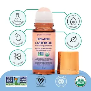 Organic Castor Oil Roll-On with Rose Quartz |   100% Natural, Suitable for Body Skin, Eyebrows, Eyelashes, and Hair |   Cold Pressed