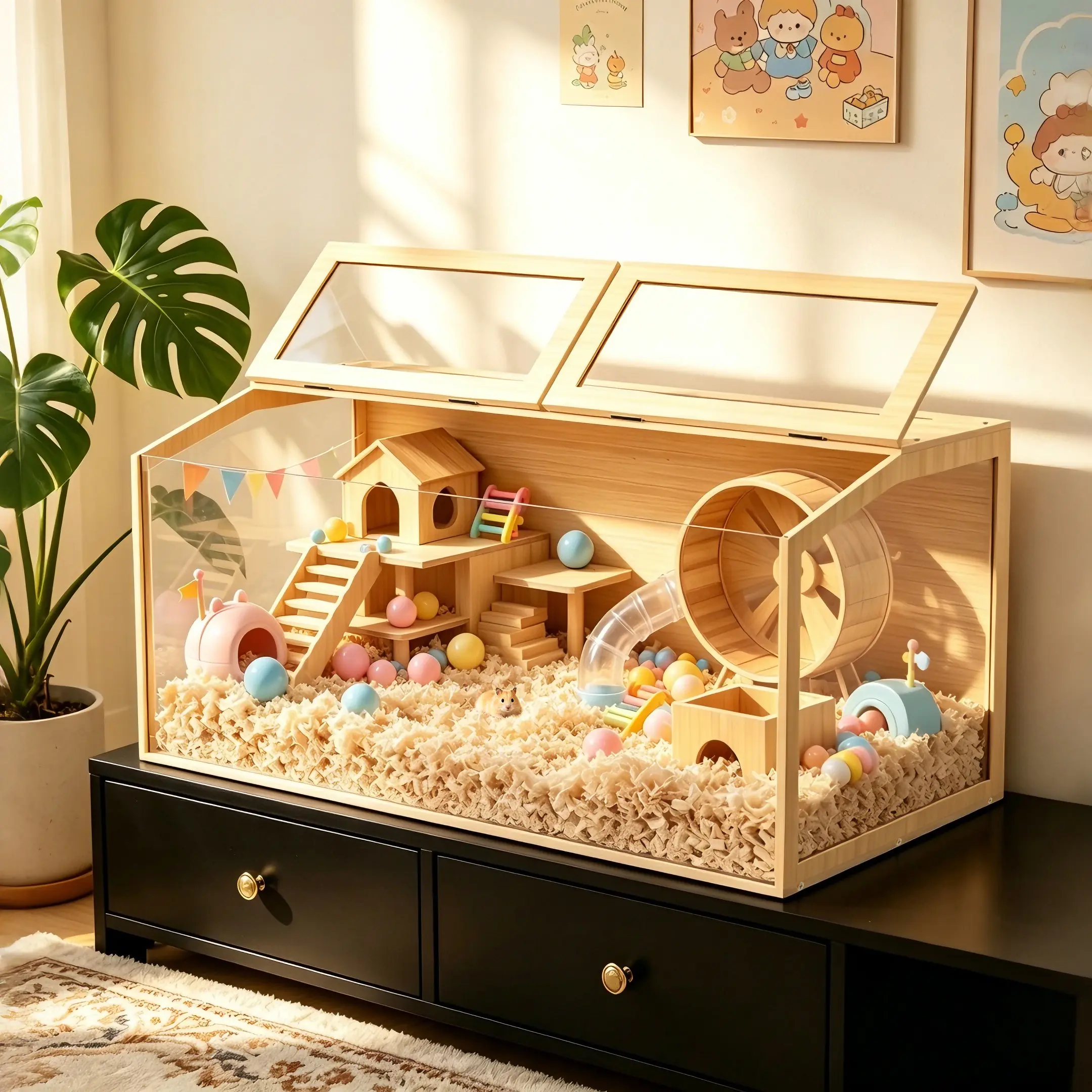Bingopaw Large Tempered Glass Hamster Cage 47”x24" Hamster Enclosure, Chew Proof Small Animal Habitat, Deep Bedding Ready, 270° View with LED Light for Hamsters (Without accessories)