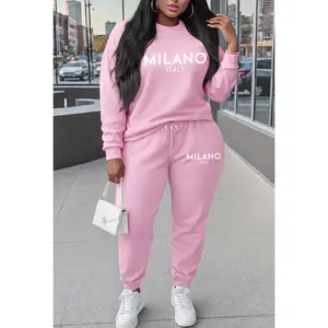 Women's Milano Print Crewneck Sweatshirt and Drawstring Track Pants Set, Casual Sportswear, Long-Sleeve Round Neck Top and Pants, Suitable for Spring, Autumn and Winter, Everyday Wear