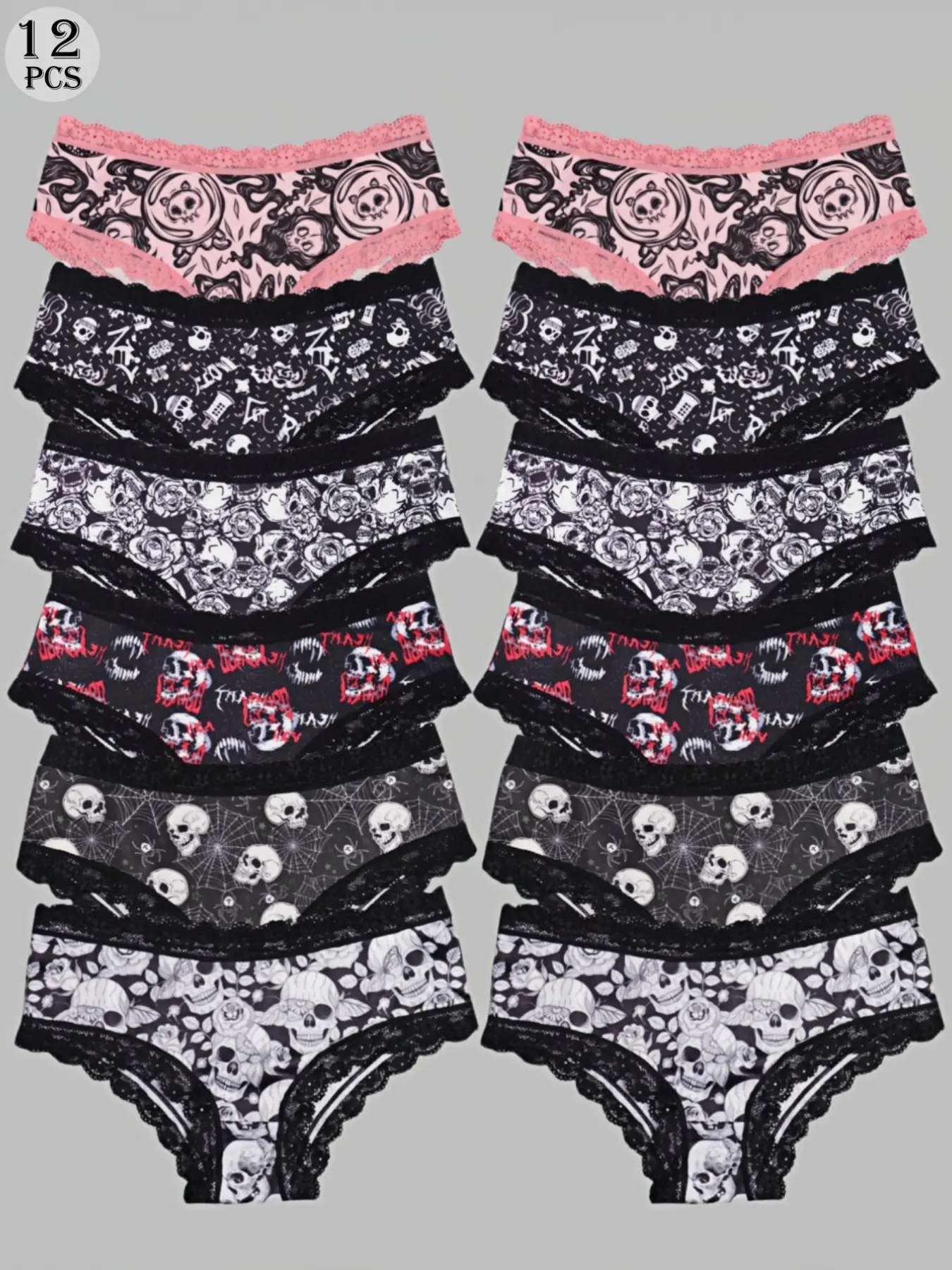 Morvia 12Pcs Gothic Skull & Spider Web Print Panties for Women, Sexy Black Lace Trim Hipster Underwear, Alt Aesthetic Pink Cat Skull Grunge Emo Style Briefs, Soft Breathable Stretchy Lingerie Bulk Pack, Lace Trim Panty