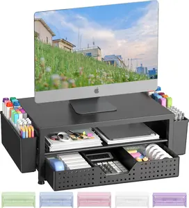 Desk Organizer with Monitor Stand Riser & Drawer – Laptop Stand with Pen Holders, Office Desk Accessories for Home Office