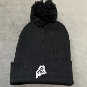 Black “Meta” Chickadee Embroidered Logo Sweater Hat Beanie With Pom-Pom