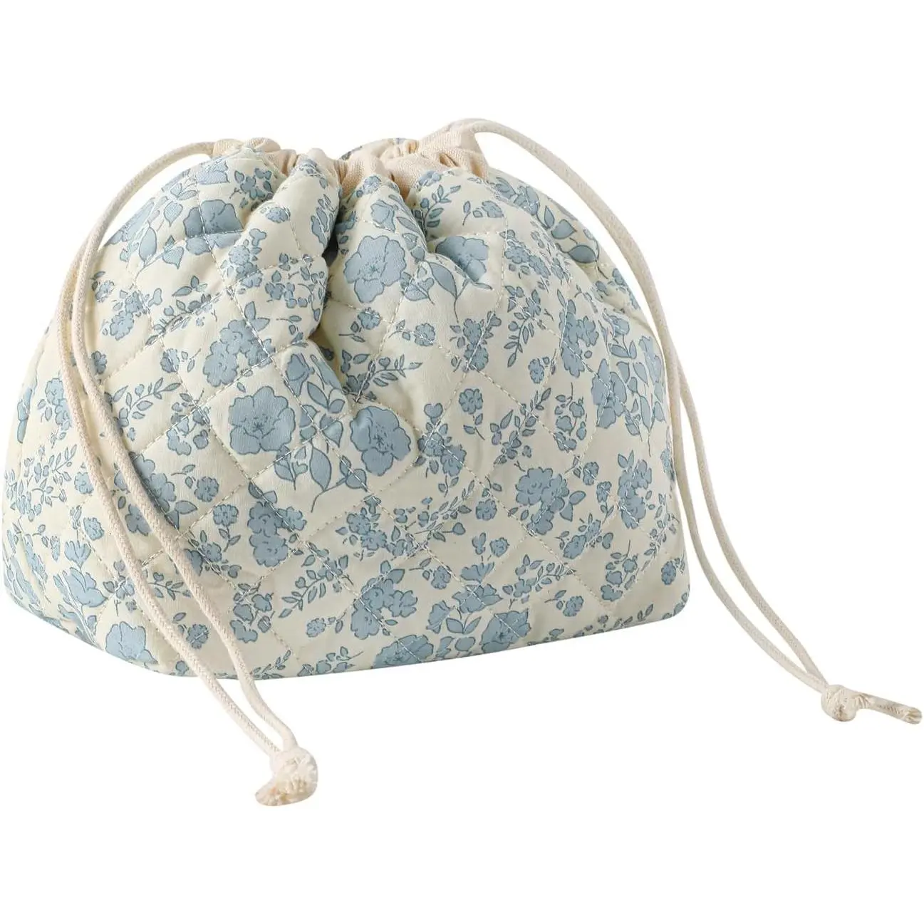 Cotton Quilted Drawstring Makeup Bag with Canvas Lining,Coquette Aesthetic Cute Travel Toiletry Bag,Drawstring Gift Bag for Women and Girls（02Light Blue Flower）