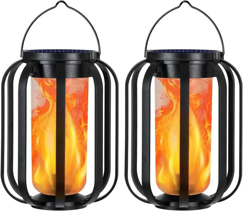 Solar Flame Lantern with Metal Iron Plastic Tripod Stand, 4-Mode Flickering Fire Light, IP65 Waterresist Solar Powered Hanging Outdoor Lantern for Patio, Garden