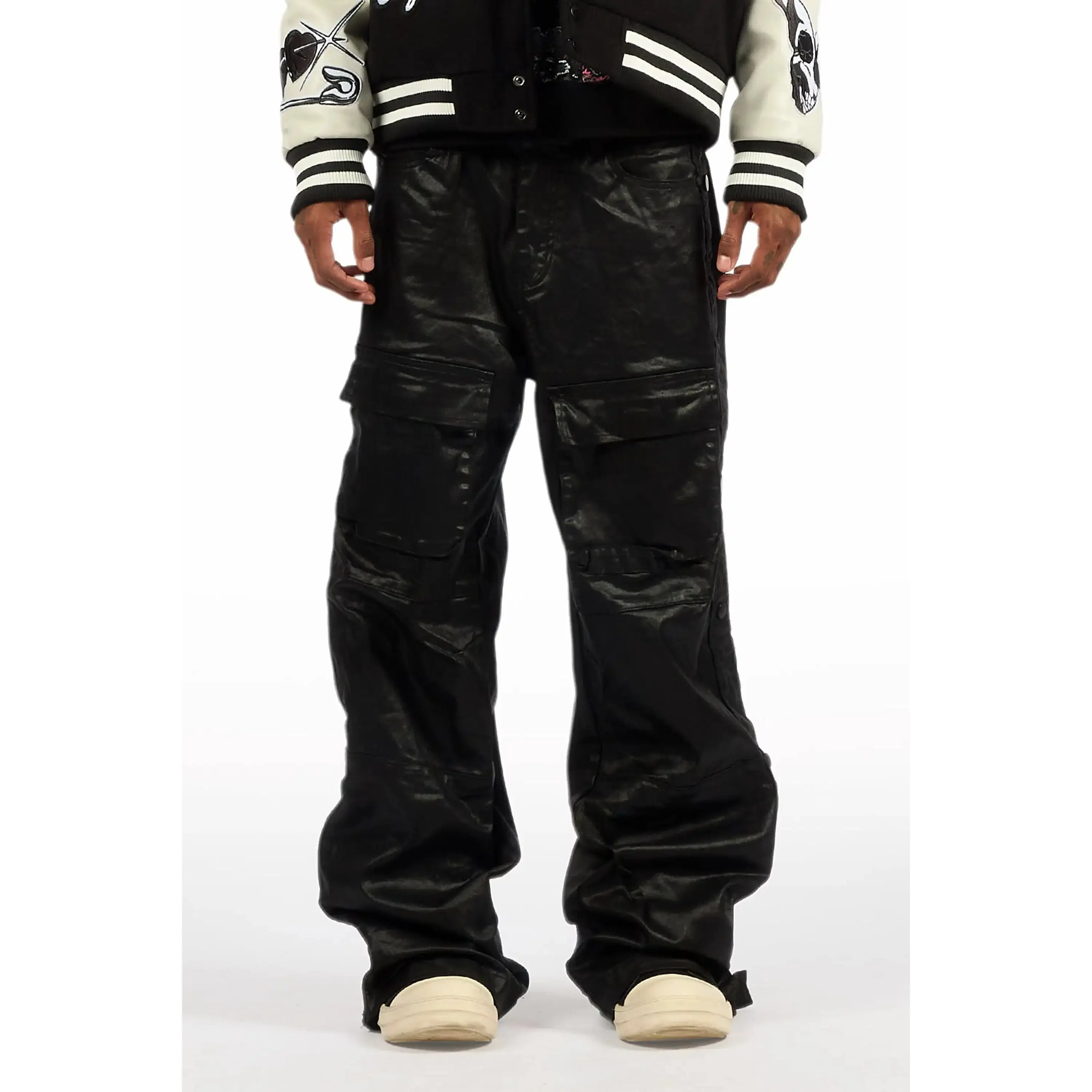 Yuri Black Baggy Cargo Flare Coated Pant - TikTok Shop