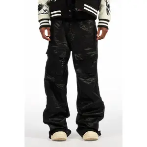 Yuri Black Baggy Cargo Flare Coated Pant