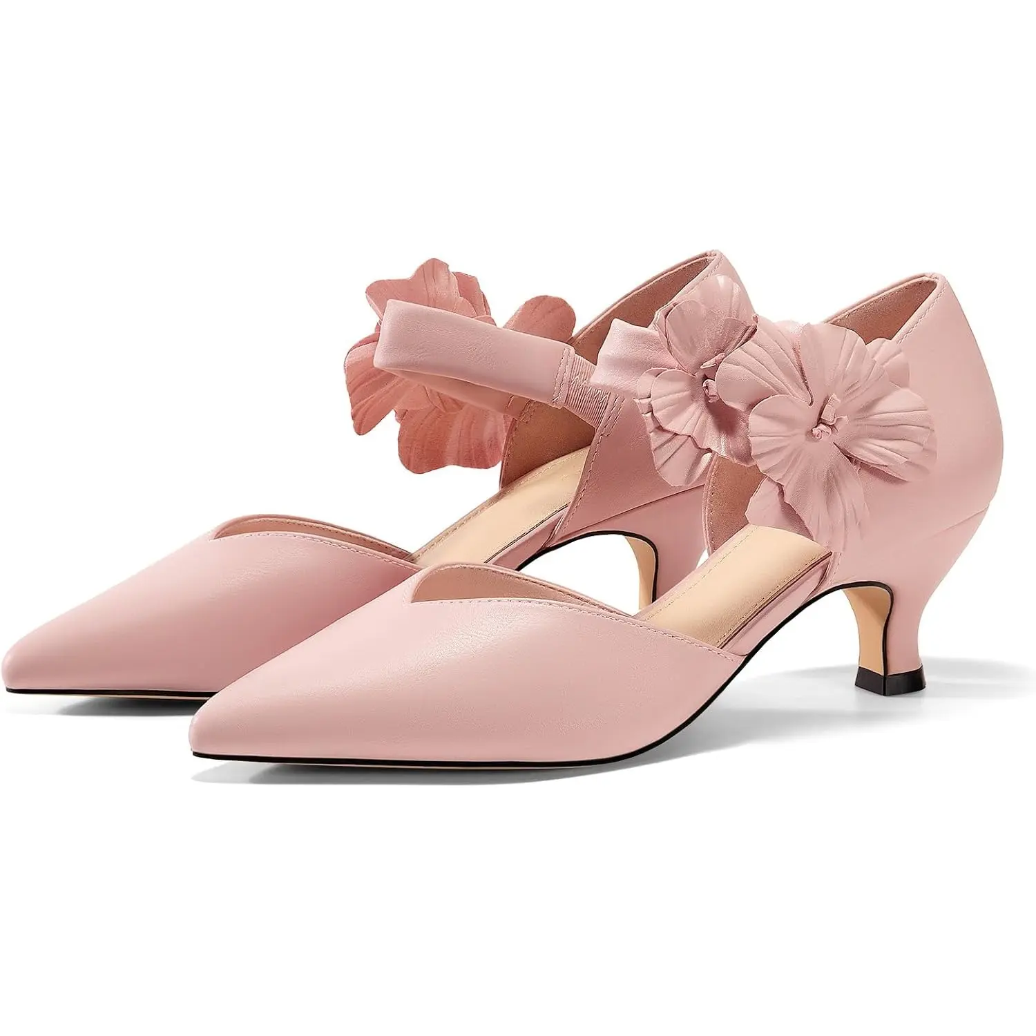 Coutgo Women's Low Kitten Heels Dressy Shoes Comfortable Closed Toe Flower Slip On Formal Party Dance Heeled Pumps Classy Fashion Decor Footwear