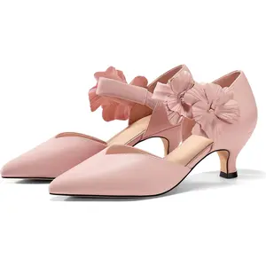 Coutgo Women's Low Kitten Heels Dressy Shoes Comfortable Closed Toe Flower Slip On Formal Party Dance Heeled Pumps Classy Fashion Decor Footwear