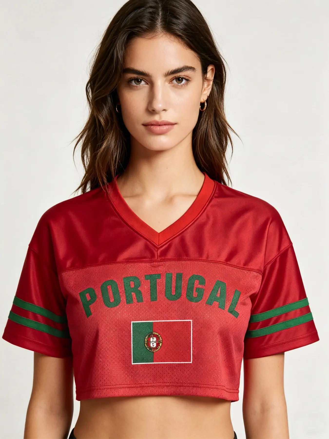 Women's Portugal Cropped Football Jersey, Red V-Neck Mesh Crop Top, Sports Top, Casual Sports Jersey, Portuguese National Team Soccer Fan Shirt for Game Day & Streetwear, Sporty Sports Top