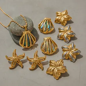 LunaStdla Golden Shell Starfish Necklace & Earring for Women Girls Colouful Abalone Shell Detailing With Titanium Steel Hypoallergic & Waterproof Material Perfect for Summer Beach Outfit Gift for Girlfriend Mom