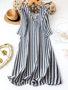 Elegant Casual Striped Midi Dress for Women, Loose-Fitting Summer & Fall Fashion, Perfect for Daily Wear & Special Occasions
