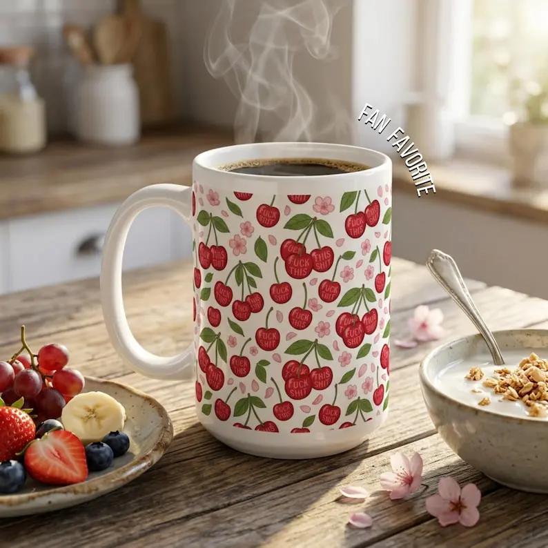 Cherry Pattern Hidden Message Mug, Sarcastic Swear Coffee Cup, Adult Humor Drinkware
