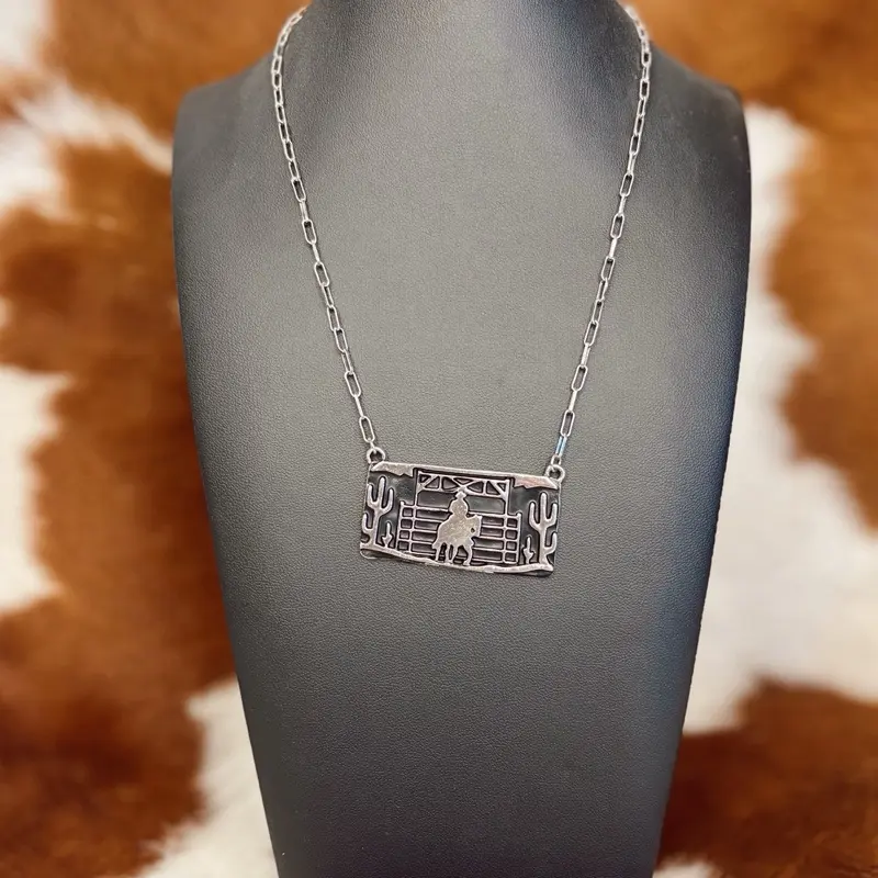 Western Cowboy Ranch Pendant Necklace with Silver Chain and Horse Design