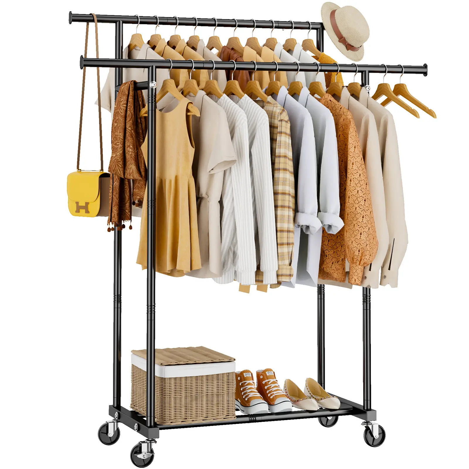 B Double rod (210LBS) Rolling Clothes Rack