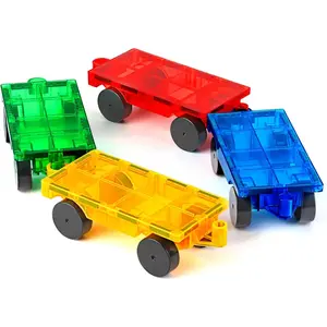 Magnetic Tiles Cars Construction Set - 4 PCS Magnetic Tiles Magnet Bricks Truck Sensory Toys, Educational Magnet Cars Set Building Blocks for 3 4 5 6 7 8+ Year Old Girls Boys (Blue Set)