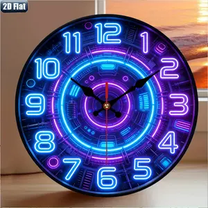 2D flat design. 1 piece set. Blue purple luminous technology style wall clock, silent decorative wall clock, creative wall clock, suitable for bedroom, living room, and office decoration, 25/30cm (excluding AA batteries), 2D flat version