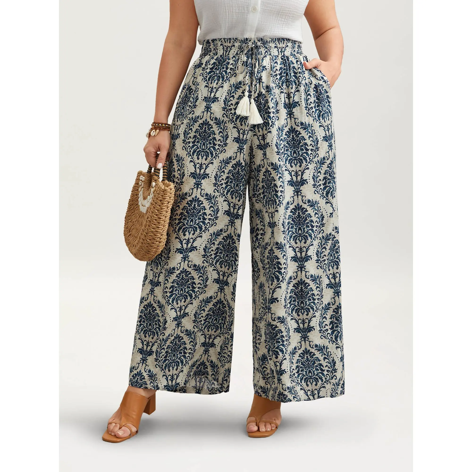 BLOOMCHIC Women's Plus Size Bohemian Rayon Fabric Loose Wide-Leg Trouser Pants - Floral Damask Print, Tassel Detail, Pocket Design,M-6X,Summerfinds,back to school shopping