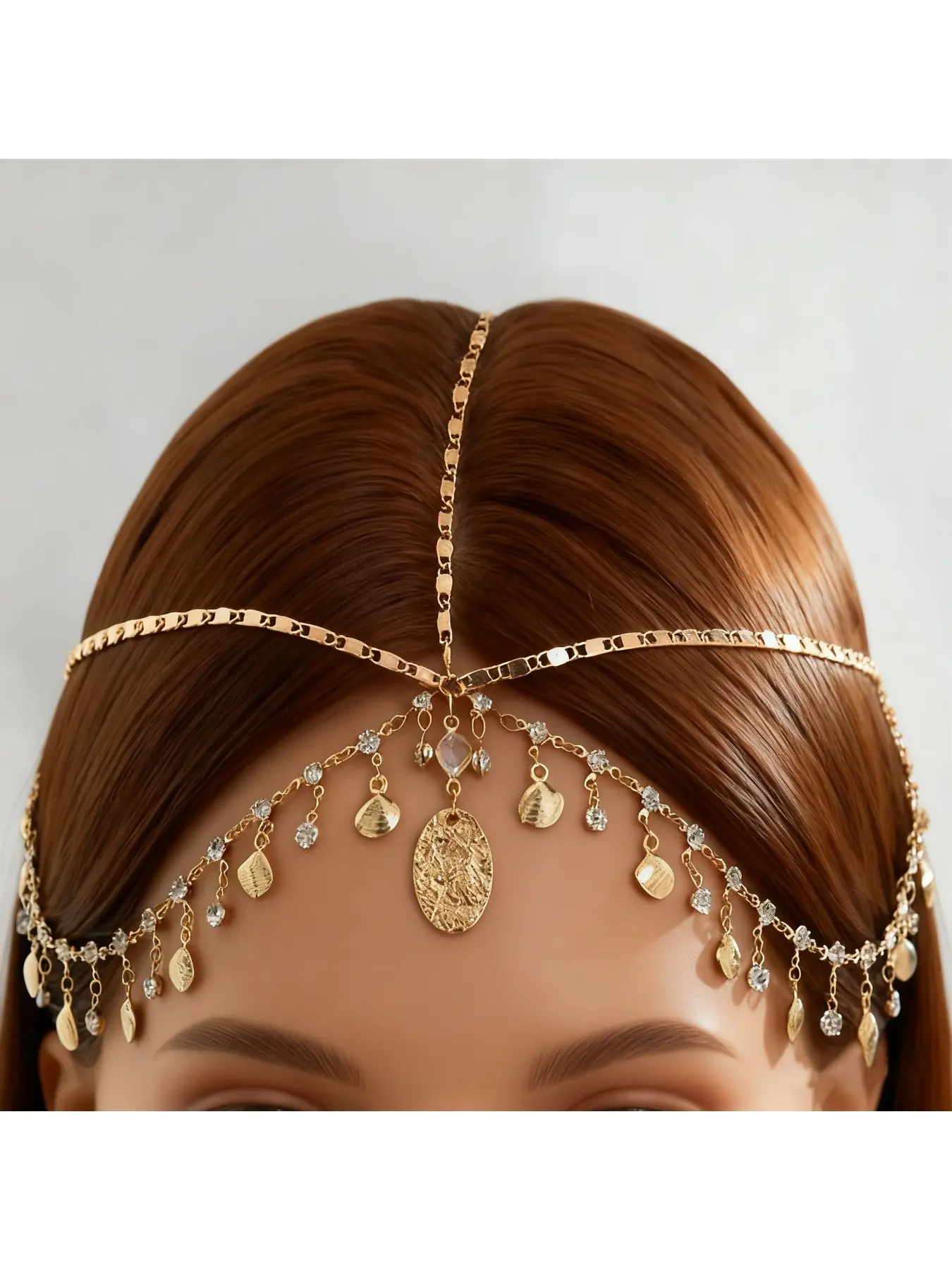 European and American cross-border exotic diamond-encrusted scallop multi-layered tassel hair accessories for women geometric chain scallop forehead headband Bridal Bling Hair