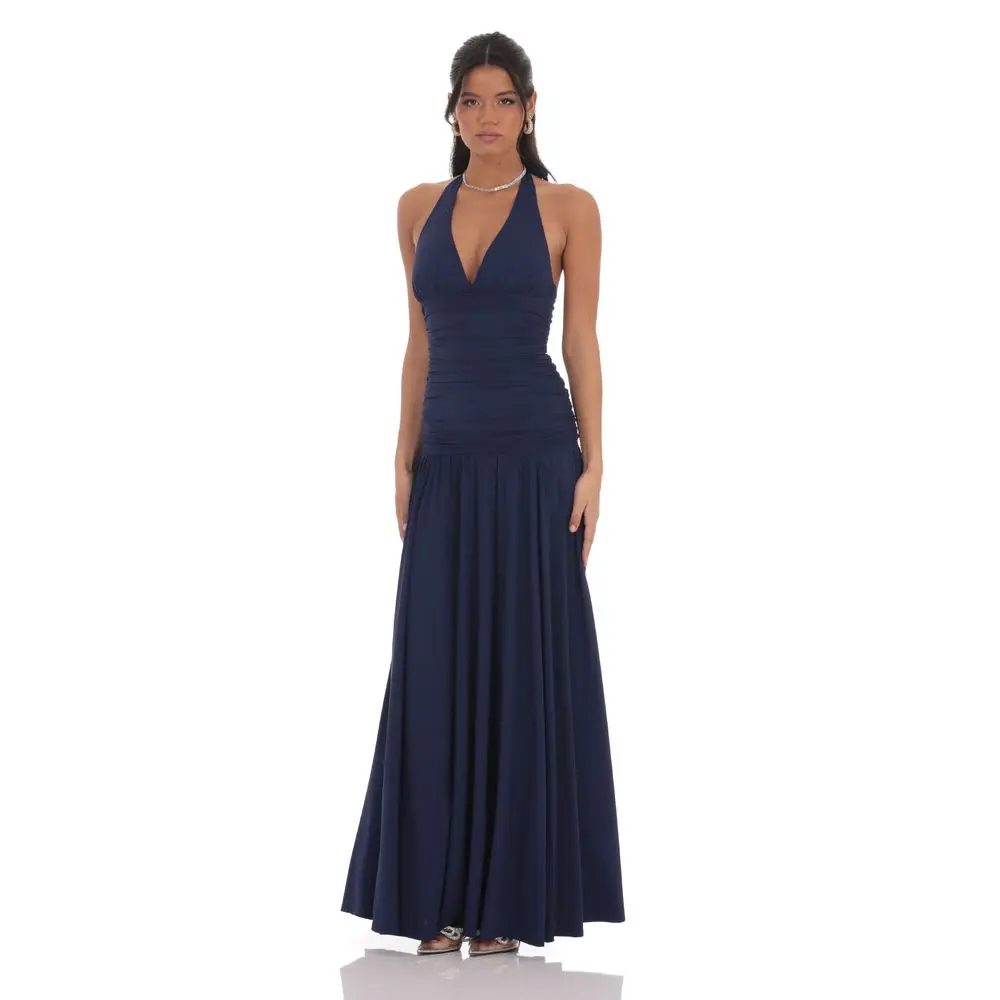 Halter Drop Waist Maxi Dress in Navy