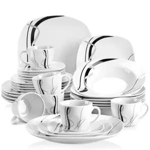 30-Piece Dinnerware Set Suitable for 6 People White Dinnerware Set with Black and Gray Striped Porcelain Dinnerware Set Includes Dessert Plate Soup Plate Dinner Plate Cup and Saucer