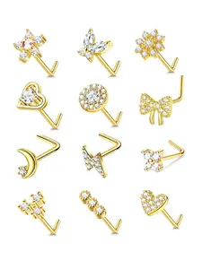 Women's Nose Ring Studs Set, 20g Stainless Steel L-Shaped Nose Pin Jewelry, Hypoallergenic Artificial Zircon Heart Design, 12 Pcs