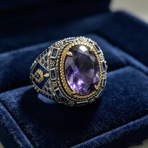 Silver Plated Copper  Wide Band Ring, Large Oval Amethyst Color Synthetic CZ With Gold Beaded Frame, Vintage Byzantine Dark Blue Enamel Inlaid Square & Round Blue White CZ, Heavy Ornate Unisex Cocktail Statement Jewelry For Men Women Gift