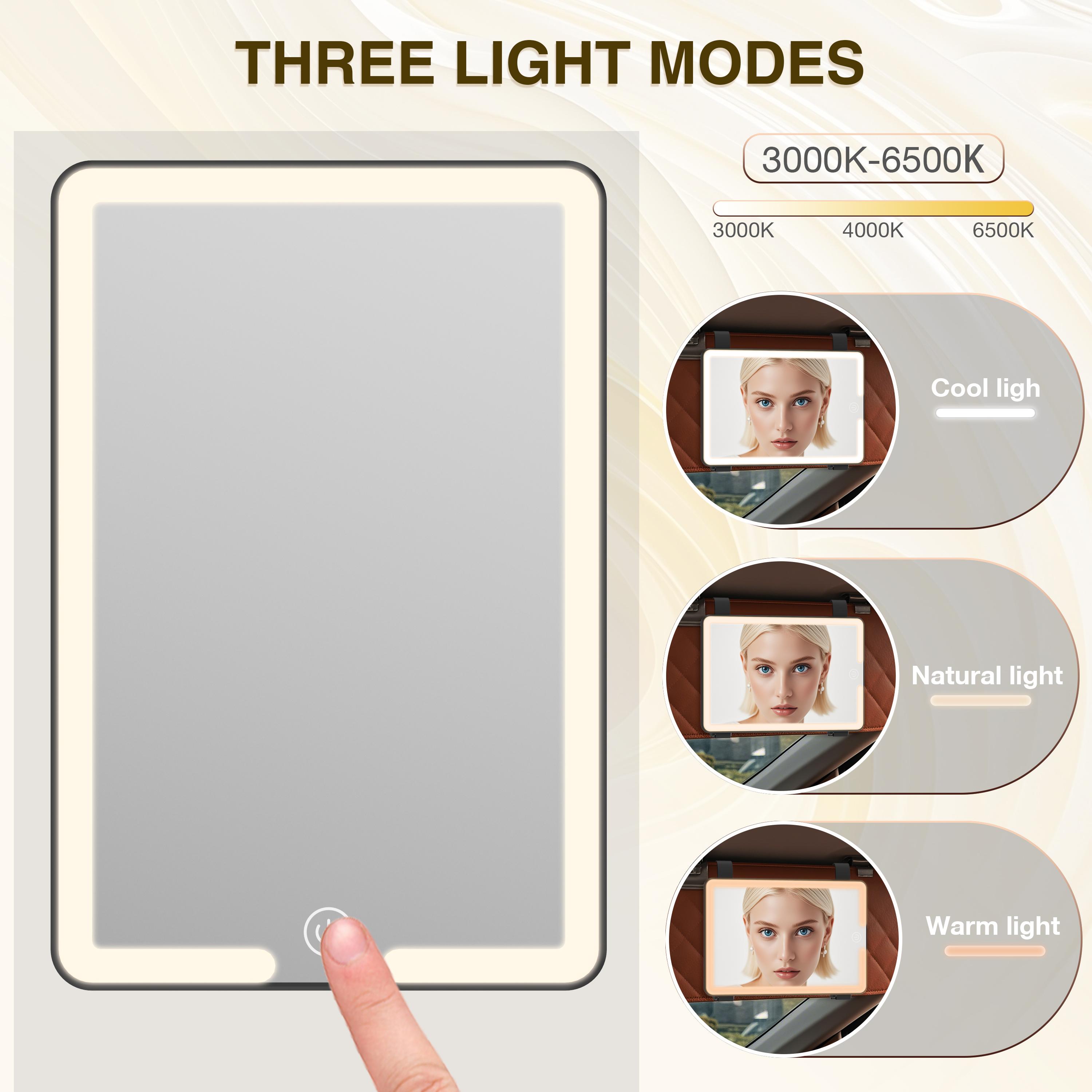 LED Car Sun Visor Makeup Mirror: Rechargeable with 3 Light Modes, Touch Dimming, and Adjustable Strap