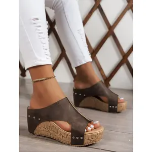 Women's Fashionable Plain Color Wedge Sandals, Casual Comfortable Peep Toe Sandals for Summer, Female All-match Round Toe Sandals for Daily Wear, PU Leather SandalsRAIMENTRY
