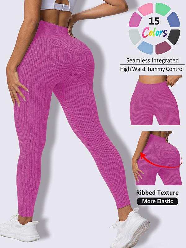 Fashion Candy Colors Women High-Waisted Butt-Lifting Tummy-Control Leggings, Soft Comfortable Breathable Elastic Ribbed Texture Sport Pants, Gym Workout Yoga Fitness Leggings, Suitable For Casual and Versatile Styles, Everyday Wear Must-Have For Wardrobe
