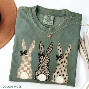 Comfort Colors Neutral Easter Bunnies T-shirt, Leopard Checkered Patterns Coquette T-shirt, Happy Easter Gift, Shirt For Women