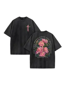 Washed Graphic T-Shirt for Women, Christian Short Sleeve Top with Double-Sided Ephesians 2:10 Floral Cross Print, Plus Size Everyday Fit