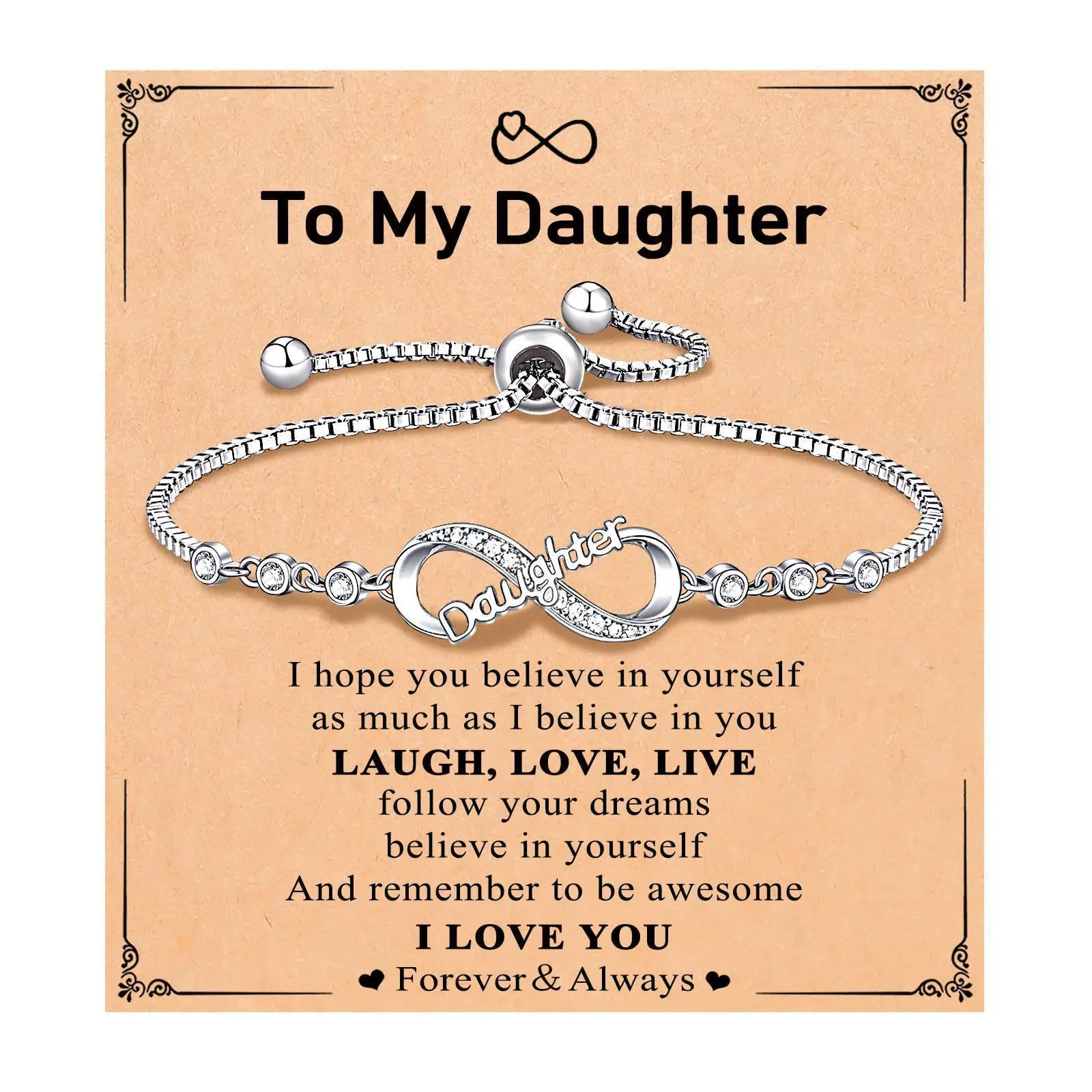 Women's Elegant Infinity Love Heart Costume Bracelet - Adjustable Up to 9 in Smooth Silver Chain, Daily Wear Gift with Message Card (Christmas, Birthday)