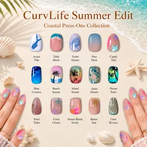 CurvLife Ocean Breeze Press-On Nails Collection – 30PCS, Blue Sea, Wave, Shell and Tropical Beach Inspired Designs, Glossy Reusable Nails for Summer Vacation and Coastal Looks