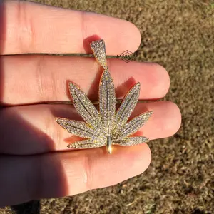 420 Iced Leaf Pendant 14k Gold Plated + Steel Rope Chain