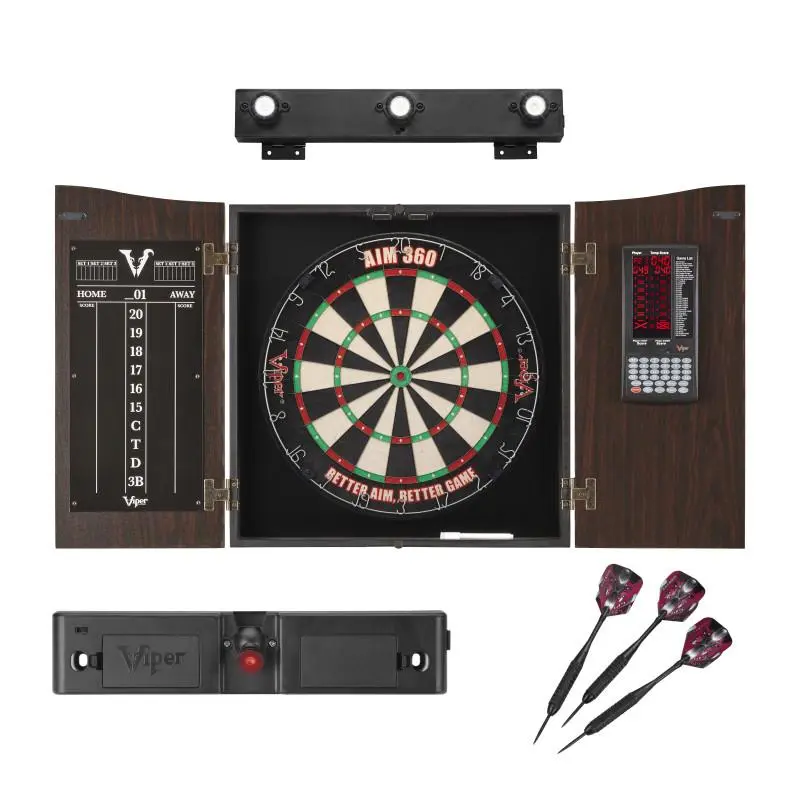 Deluxe Walnut Finish Wood Dartboard Cabinet Set for Game Rooms - Includes AIM 360 Sisal Darts Board, Electronic Pro Score, Laser Throw Line, Shadow Buster Light