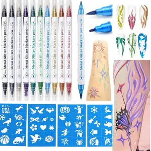 Temporary Tattoo Markers for Skin, 10 Body Markers Make Bold and Fine Lines, Cosmetic Quality + Tattoo Stencils for Kids and Adults, Dual-End Tattoo Pens for Body & Face Art, Halloween Makeup Kit