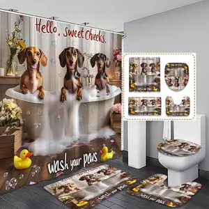 Creative Christmas Sausage Dog Bathing Pattern Bathroom Decor Set, Includes Shower Curtain, Mat, Toilet Lid Cover, Waterproof Hooks, Bathroom Decoration Accessories