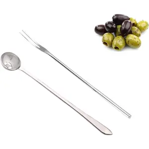Long-handled olive spoon and pickle fork set, stainless steel serving spoons and forks, food pickers for pickles, cucumbers, and arugula