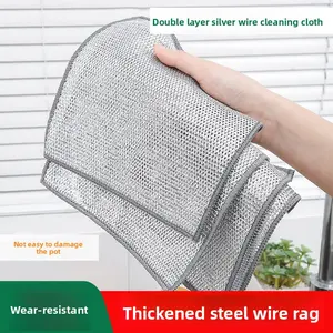 Double Layer Silver Wire Dish Cloth Dual Side Mesh Non-stick Oil Easy Clean Steel Scourer Home Kitchen Pot Scrubber Strong Wear-resistant Cleaning Cloths African Sponge