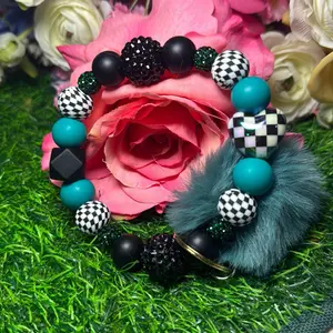 Checkered envy wristlet keychain color scheme black, cyan, checkered print and bling  beads made with wire