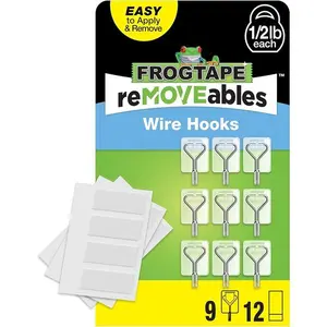 FrogTape reMOVEables Small Wire Hooks - 9 Clear Hooks & 12 Adhesive Strips - Holds up to 0.5 lb - Damage Free Adhesive Hook - Removable & Reusable Wall Hooks for Hanging - No Nails (Pack of 9)