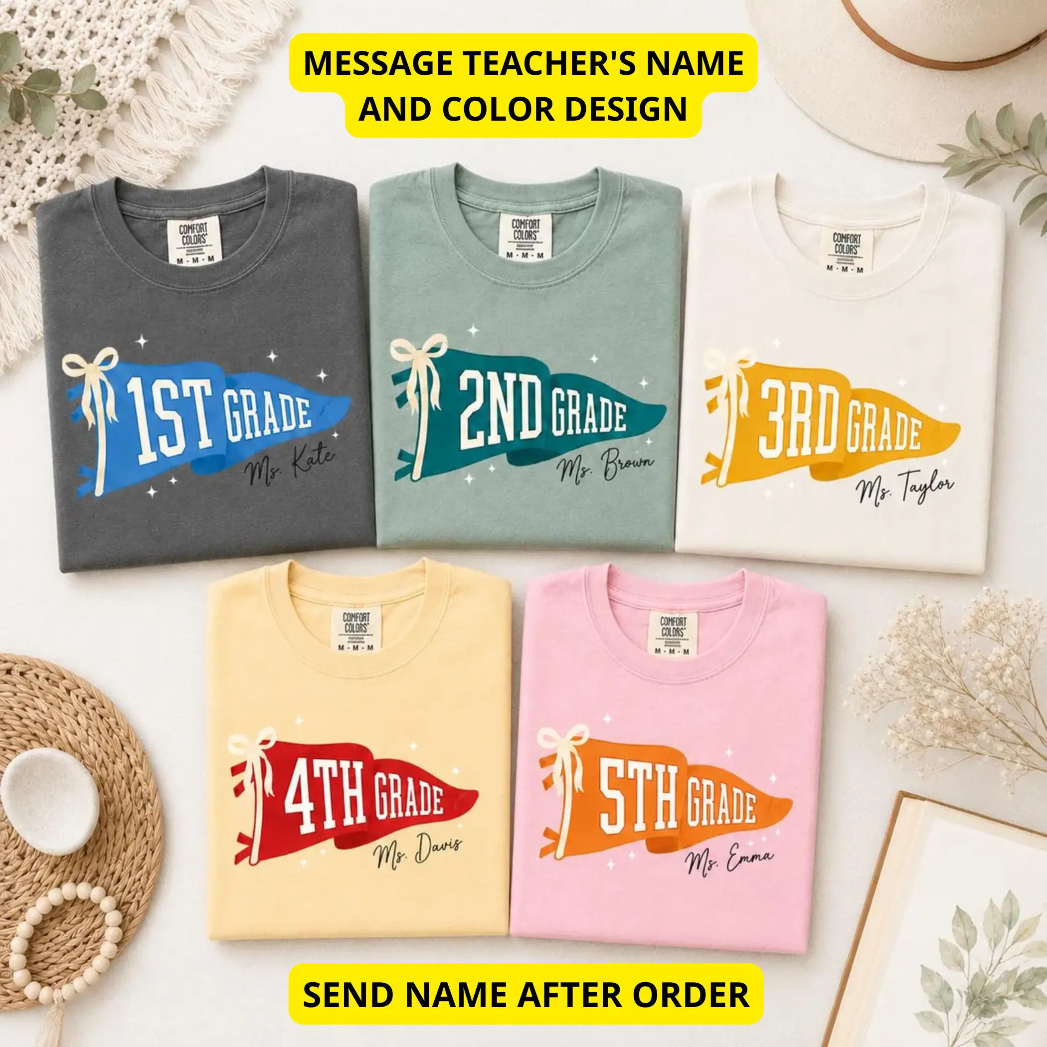 Custom Grade Level Teacher Shirt, Personalized Pennant Flag Comfort Colors Tee, Back To School Teacher Team Shirt Gift - By Thanya LLC