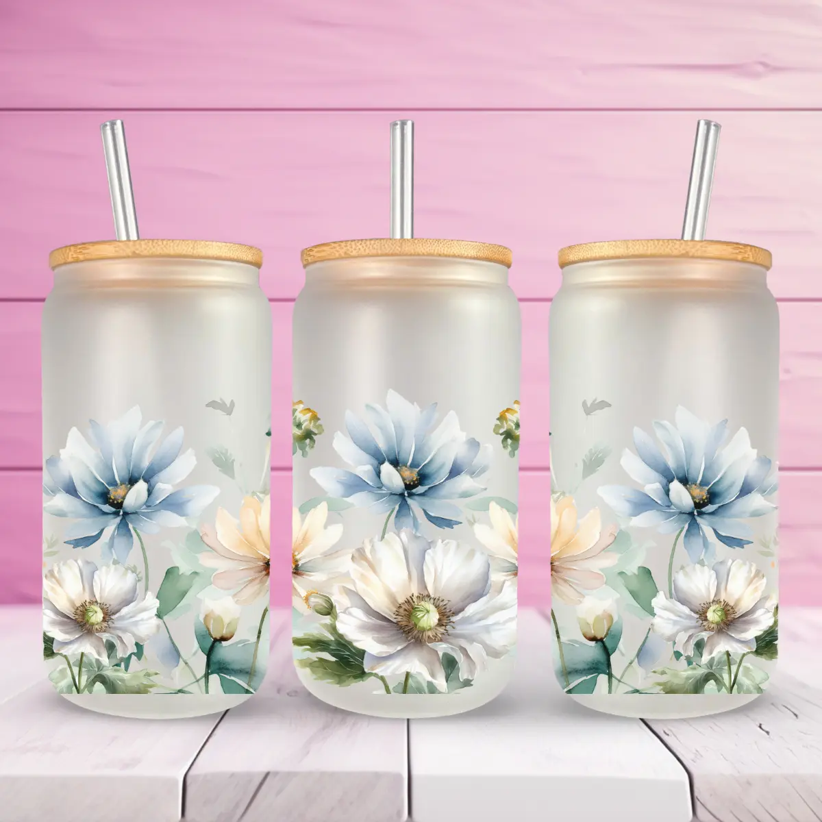 Blue Flowers 16oz Beer Glass with Bamboo lid and Straw