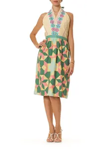 MORPHEW COLLECTION Yellow & Green Cotton 1940S Embroidered Patchwork Dress