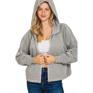Zenana Fleece Pigment Dyed Zip Up Hoodie Jacket with Pockets