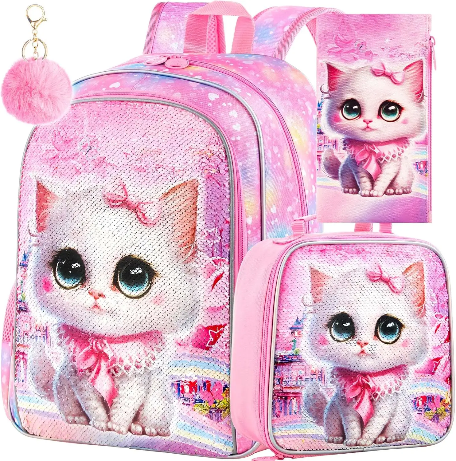 3PCS Cat Backpack for Girls, 16" Kids Bookbag and Lunch Box for Elementary School Toddler Kindergarten Preschool