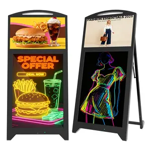 43'' Portable Digital Signage 21.5'' LCD & 32'' LED Message Board Rechargeable Battery Wheels Dual Display 1080P RGB Backlighting 8 Pens for Restaurants Cafes Retail