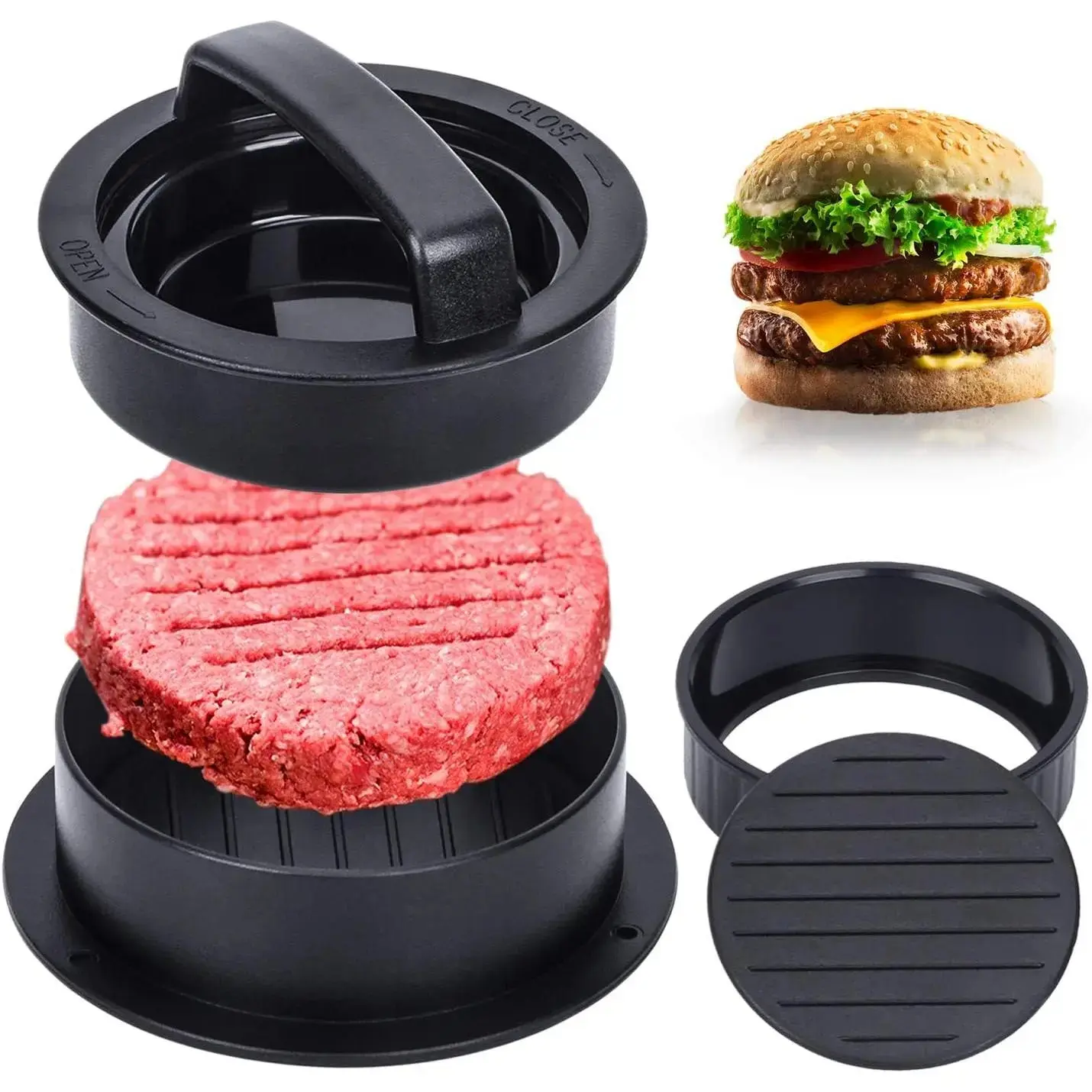 Hamburger Press, Hamburger Press Patty Maker, 3 in 1 Stuffed Burger Press Patty Maker, Patty Press for Stuffed Burgers, Sliders, Beef Burger, Non Stick Kitchen Barbecue Tool Grilling Accessories